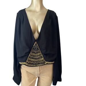 City Chic Vintage Beaded Long Sleeve Women Large Low Cut Blouse Boho Gypsie